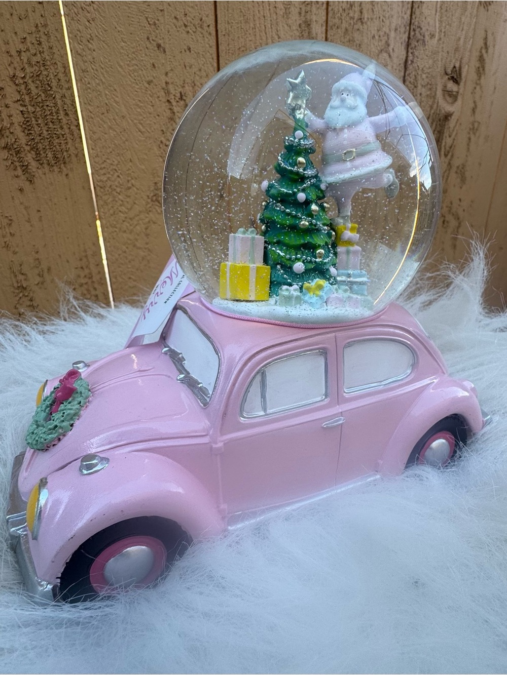 New🎶Musical Christmas snow globe decoration featuring a Pink Volkswagen Bug car